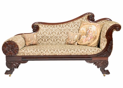 American Classical Carved Mahogany Meridienne 39 x 25 1/2 x 71 in. (99.1 x 64.8 x 180.3 cm.)