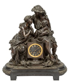 Napoleon III Patinated Bronze Figural Mantel Clock 25 x 23 x 8 1/2 in. (63.5 x 58.4 x 21.6 cm.)