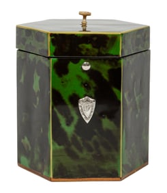 Georgian Tortoiseshell Tea Caddy 4 1/4 x 4 x 3 1/2 in. (10.8 x 10.2 x 8.9 cm.)