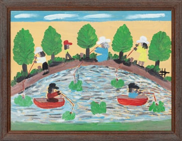 Clementine Hunter, American/Louisiana 1886-1988, "Fishing", oil on board, 18 x 24 in. (45.7 x 61