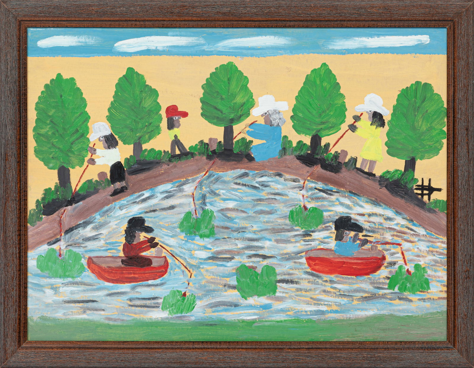 Clementine Hunter, American/Louisiana 1886-1988, "Fishing", oil on board, 18 x 24 in. (45.7 x 61: Clementine HunterAmerican/Louisiana, 1886-1988"Fishing"oil on boardmonogrammed mid-right, photo of the artist with the work attached to backing board, framed.Note: This lot has been authenti