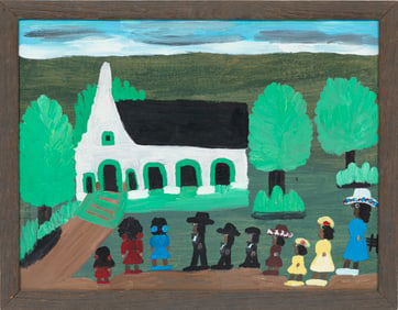 Clementine Hunter, American/Louisiana 1886-1988, ?Going to Church?, oil on board, 18 1/8 x 24 in.