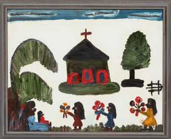 Clementine Hunter, American/Louisiana 1886-1988, ?Mary and Baby Jesus?, oil on canvas board, 16 x 20