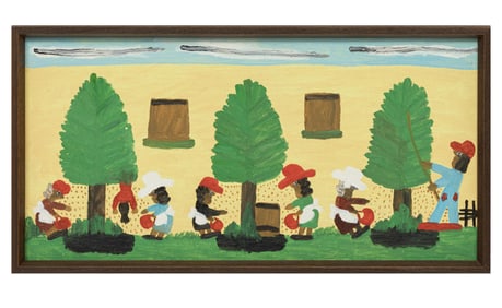 Clementine Hunter, American/Louisiana 1886-1988, "Pecan Picking", oil on canvas board, 15 x 30 in.