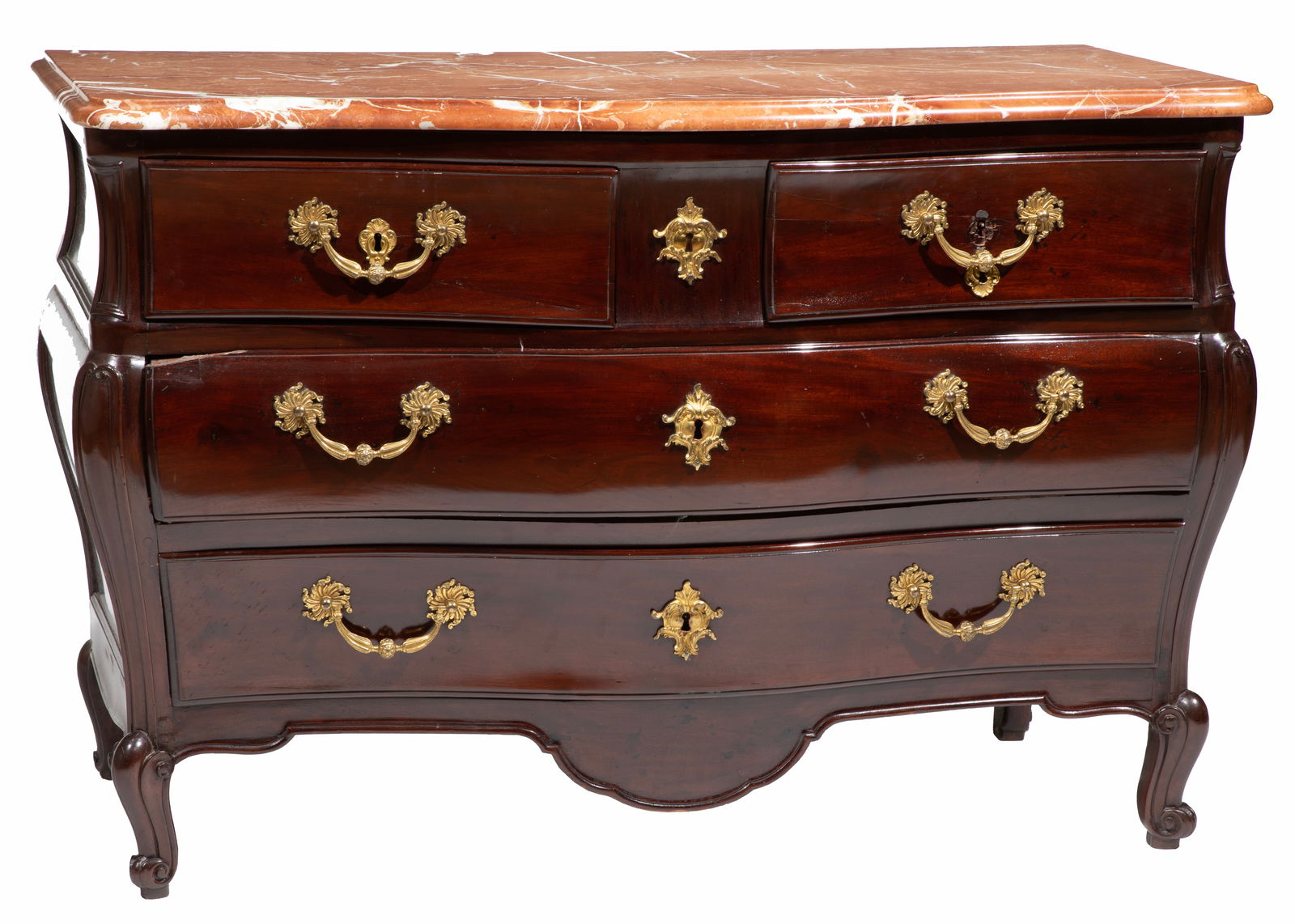 French Provincial-Style Mahogany Bombe Commode 33 1/2 x 23 1/2 x 49 in. (85.1 x 59.7 x 124.5 cm.) (1 of 4)