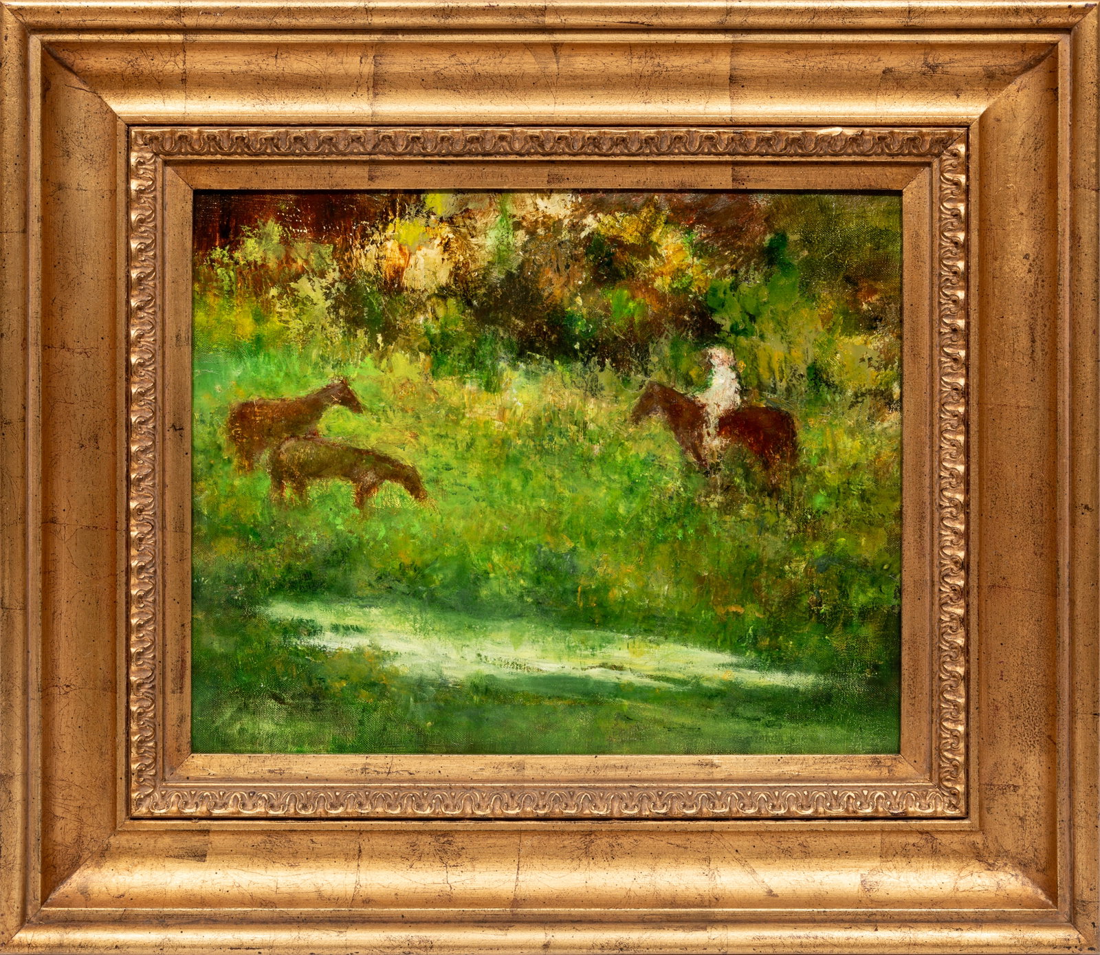 Mary Katharine Loyacano McCravey, American/Mississippi 1910-2009, "Afternoon Trail Ride", oil on: Mary Katharine Loyacano McCravey American/Mississippi, 1910-2009 "Afternoon Trail Ride" oil on canvas signed lower right, "Nunnery's Gallery, Jackson, MS" label on backing paper, f