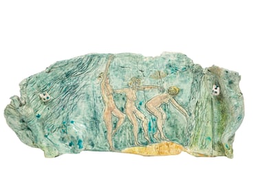 Jo Ann Greenberg, American/Louisiana 1928-2013, "Three Figures", glazed ceramic wall plaque, 9 1/2 x