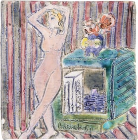 Jo Ann Greenberg, American/Louisiana 1928-2013, "Figure with Still Life", glazed ceramic tile, 5 3/8