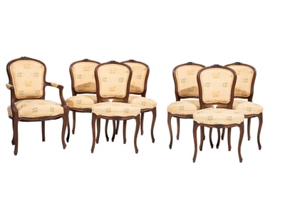 Set of Seven Louis XV-Style Carved Walnut Dining Chairs armchair: h. 36 1/2 in., w. 23 in., d. 20