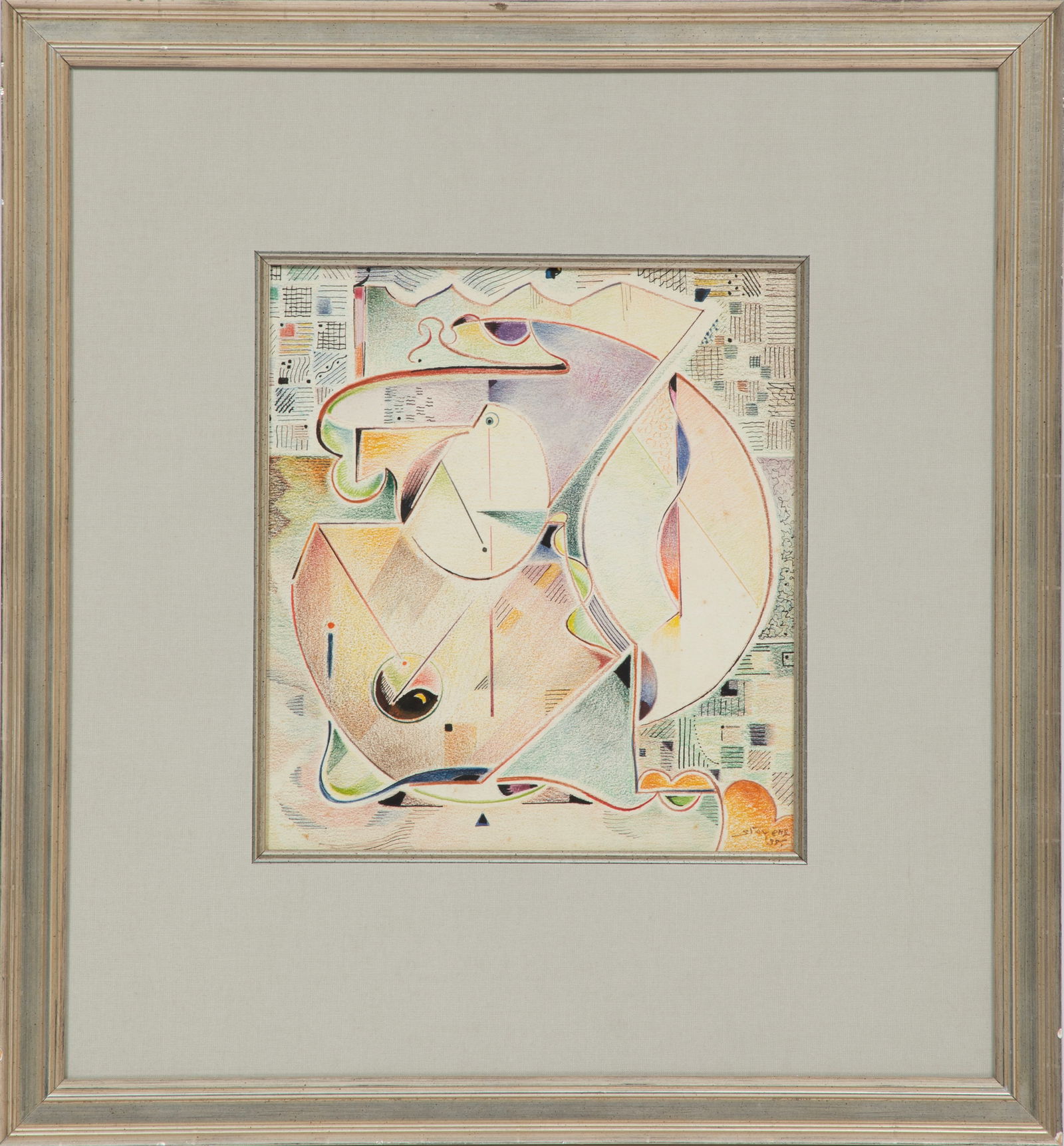 Will Henry Stevens, American/Louisiana 1881-1949, ?Configuration No. 1?, oil crayon and ink on: Will Henry StevensAmerican/Louisiana, 1881-1949?Configuration No. 1?oil crayon and ink on paper1938, signed and dated lower right, signed, titled and inscribed "Newcomb School of Art, New Orleans