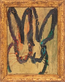 Hunt Slonem, American/Louisiana b. 1951, "Untitled: Two Gold Bunnies", oil on panel, 15 3/4 x 12 in.