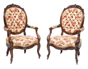 Pair of American Victorian Carved Rosewood Armchairs