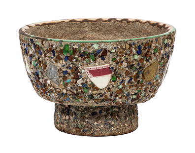 Folk Art Memory Ware Vessel or Jardiniere: Folk Art Memory Ware Vessel or Jardiniere20th c., body decorated with fragments of porcelain, glass, pottery and other found objects, drilled base for use as planter, h. 7 1/2 in., dia. 11 1/2 in.This