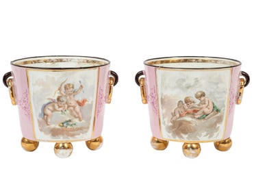 Pair of Paris Polychrome and Gilt Porcelain Cachepots