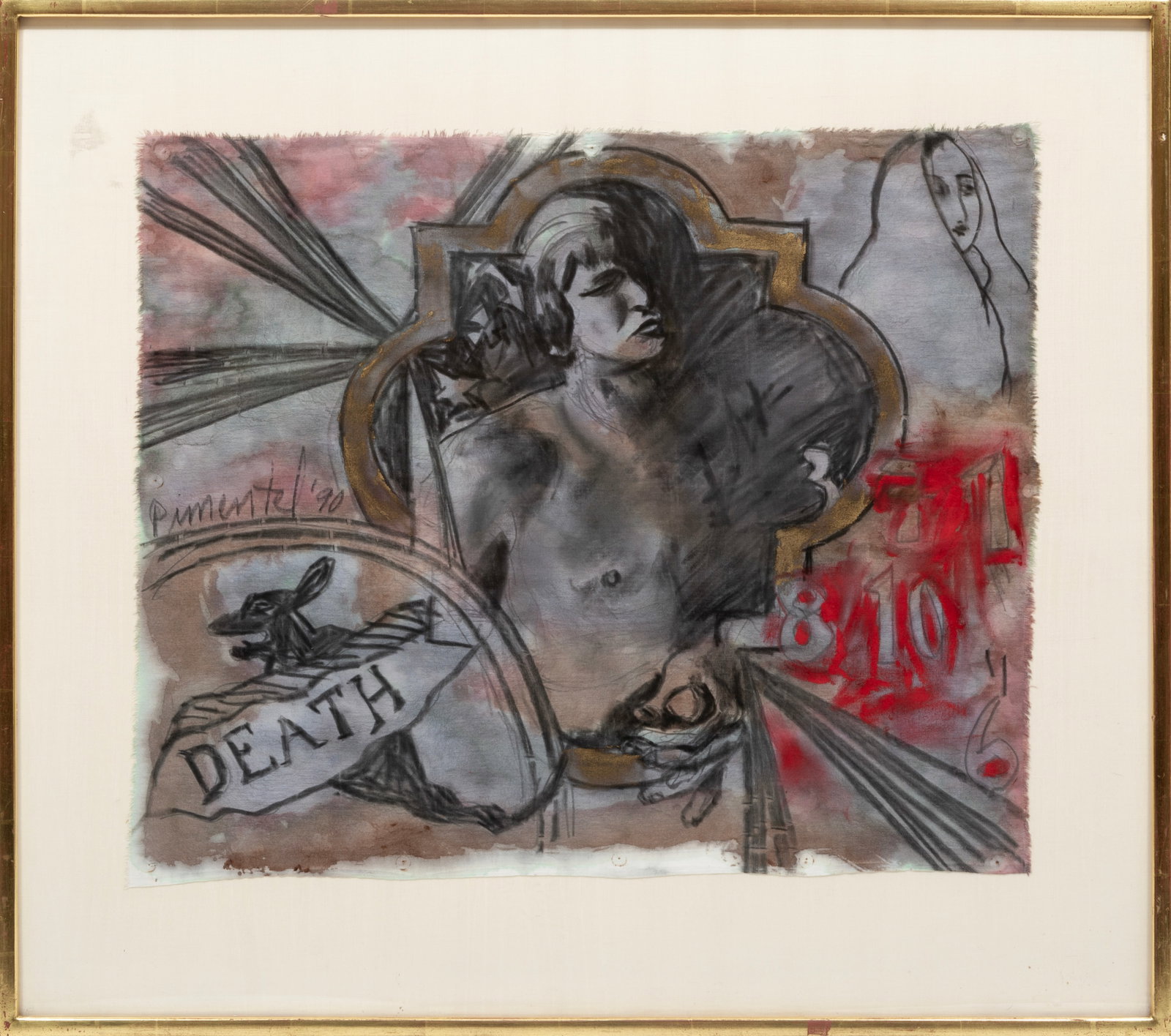 Rafel Pimentel, Dominican/New York 1965-2019: Rafel Pimentel Dominican/New York, 1965-2019 "Death", mixed media on fabric, 1990, signed and dated mid-left, framed. 18 x 22 in. (45.7 x 55.9 cm.), Frame: 25 1/2 x 28 3/4 x 1 1/4 in. (64.8 
