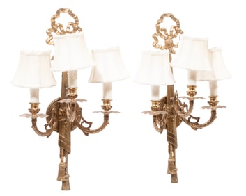 Pair of Louis XVI-Style Brass Three-Light Sconces