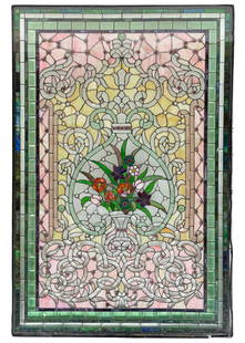 American Stained-Glass Window: American Stained-Glass Windowsandwiched between glass sheets, h. 60 1/2 in. x 40 1/2 in., accompanied by a custom wood stand, h. 69 1/2 in., w. 49 in., d. 23 in.