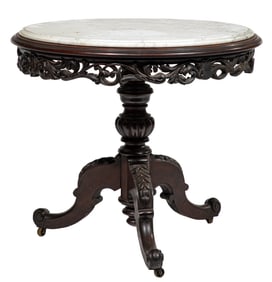 American Carved Rosewood Marble Top Center Table 29 x 32 x 32 in. (73.7 x 81.3 x 81.3 cm.)