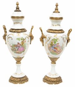 Pair of Bronze Mounted Meissen Style Polychrome and Gilt Covered Urns