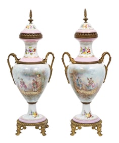 Pair of Bronze Mounted Sevres Style Polychrome and Gilt Porcelain Urns