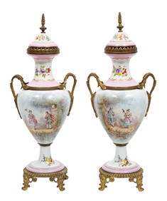 Pair of Bronze Mounted Sevres Style Polychrome and Gilt Porcelain Urns (1 of 7)