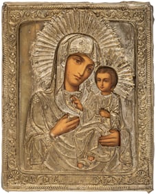 Russian Icon c. 1910, "Iverskaya", egg tempera and mixed media on panel enclosed in metal riza, 10