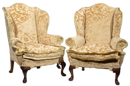 Pair of Chippendale-Style Carved Mahogany Wing Chairs