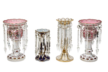 Pair of Bohemian White Cut-to-Red Glass Lusters