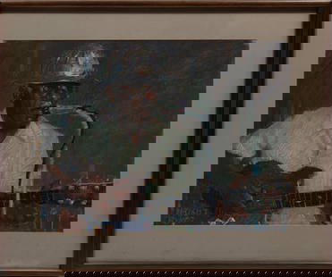 Don Wright, American/Louisiana 1938-2007, "Guitar Kelly (Joe Ridley's Club B R, La)", pastel on: Don WrightAmerican/Louisiana, 1938-2007"Guitar Kelly (Joe Ridley's Club B R, La)"pastel on paper1987, signed and dated lower left, inscribed with title on backing paper, framed.19 5/8 x 25 5