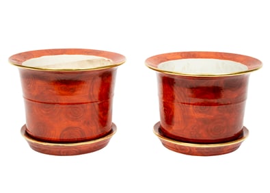 Pair of Chinese Faux Bois Ceramic Planters