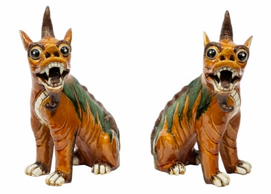 Pair of Chinese Sancai Glazed Pottery Buddhist Lions