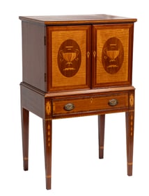 Federal-Style Maple and Mahogany Marquetry Inlaid Bottle Cabinet on Stand