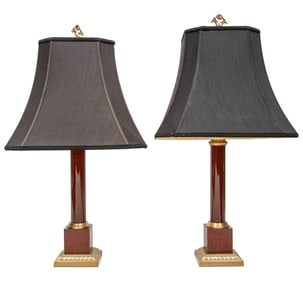 Pair of Decorative Brass and Faux Marble Columnar Table Lamps