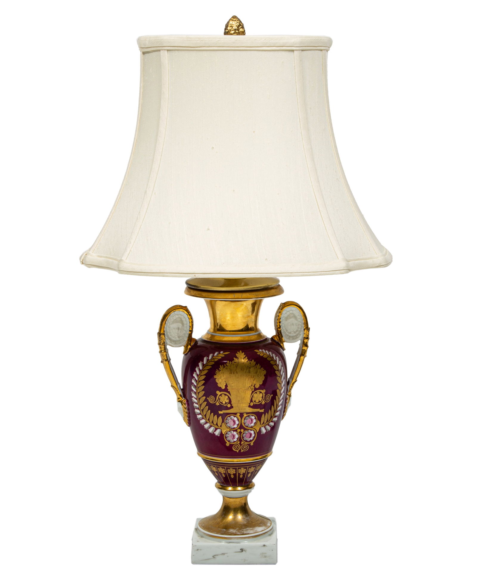 Paris Gilt and Polychrome Porcelain Urn Now Mounted as a Table Lamp: Paris Gilt and Polychrome Porcelain Urn Now Mounted as a Table Lampcranberry ground, reserved with horse and hound hunting scene, matte and burnished gilt, scroll handles, h. 12 in.; now mounted as a