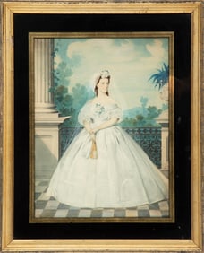 Continental School 19th c., "Portrait of a Lady on a Terrace", watercolor on paper laid on board, 13