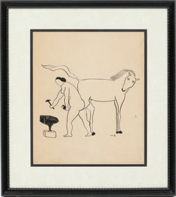 American School 20th c., "Shoeing a Horse", ink and graphite on paper, Sheet: 13 3/8 x 11 in. (34 x