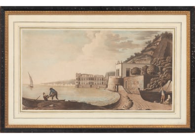 British School early 19th c., "Italian Landscapes", 2 hand-colored aquatints laid on heavy paper