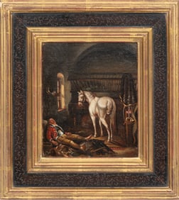 Continental School 19th c., "Resting Soldier with Horse", oil on canvas, 8 1/8 x 6 3/4 in. (20.6 x