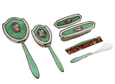 Austrian Sterling Silver and Guilloch? Enamel Dresser Set