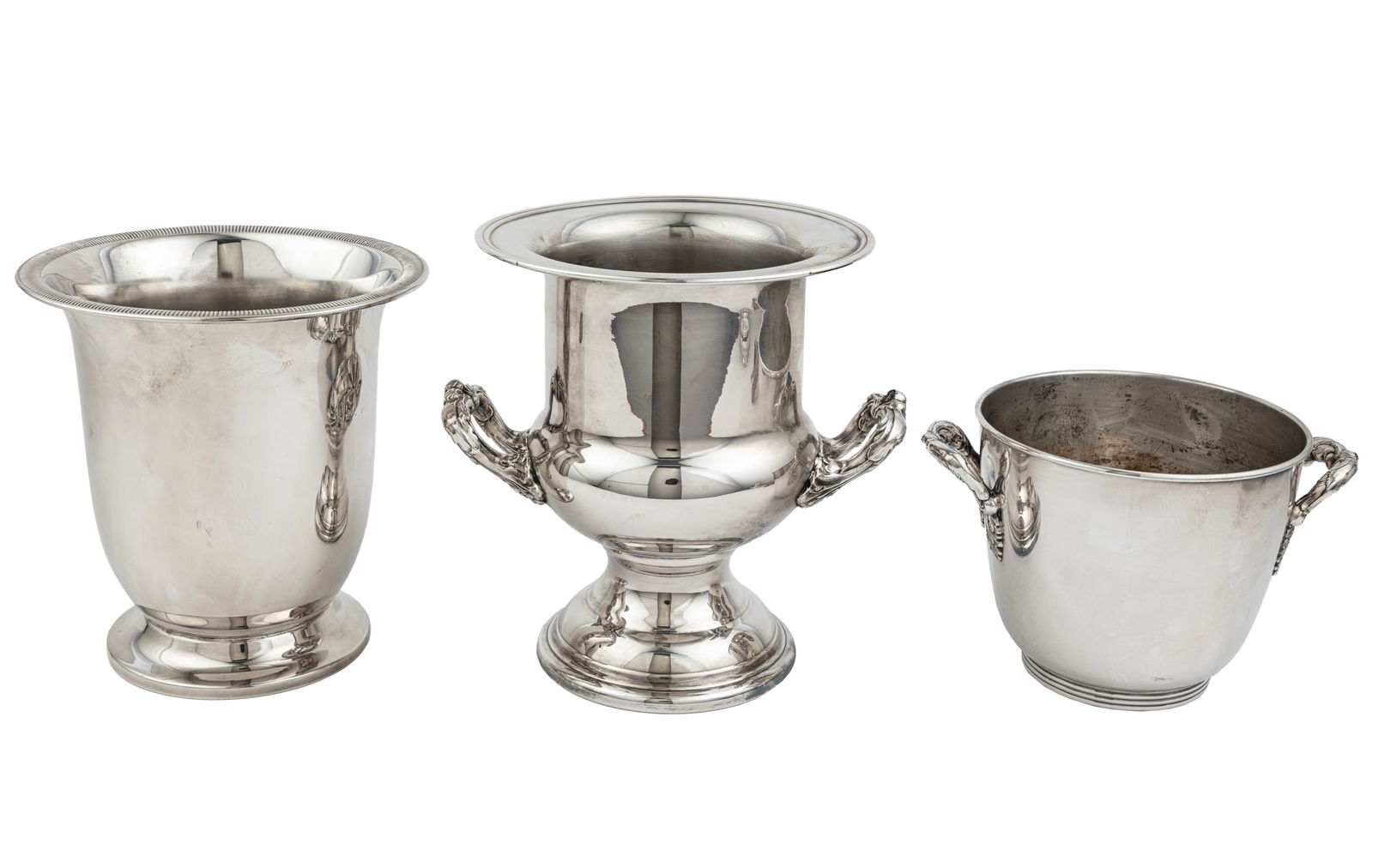 Group of American Silverplate Wine-Related Objects: Group of American Silverplate Wine-Related Objects,20th c., including 3 wine coolers (h. 8 3/8 in. to 10 in.), 4 wine coasters (dia. 5 to 6 5/8 in.), horn handle corkscrew and carved bone corkscrew; 9