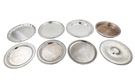 Group of Eight American Silverplate Circular Serving Trays, dias. 12 in. to 14 3/8 in.