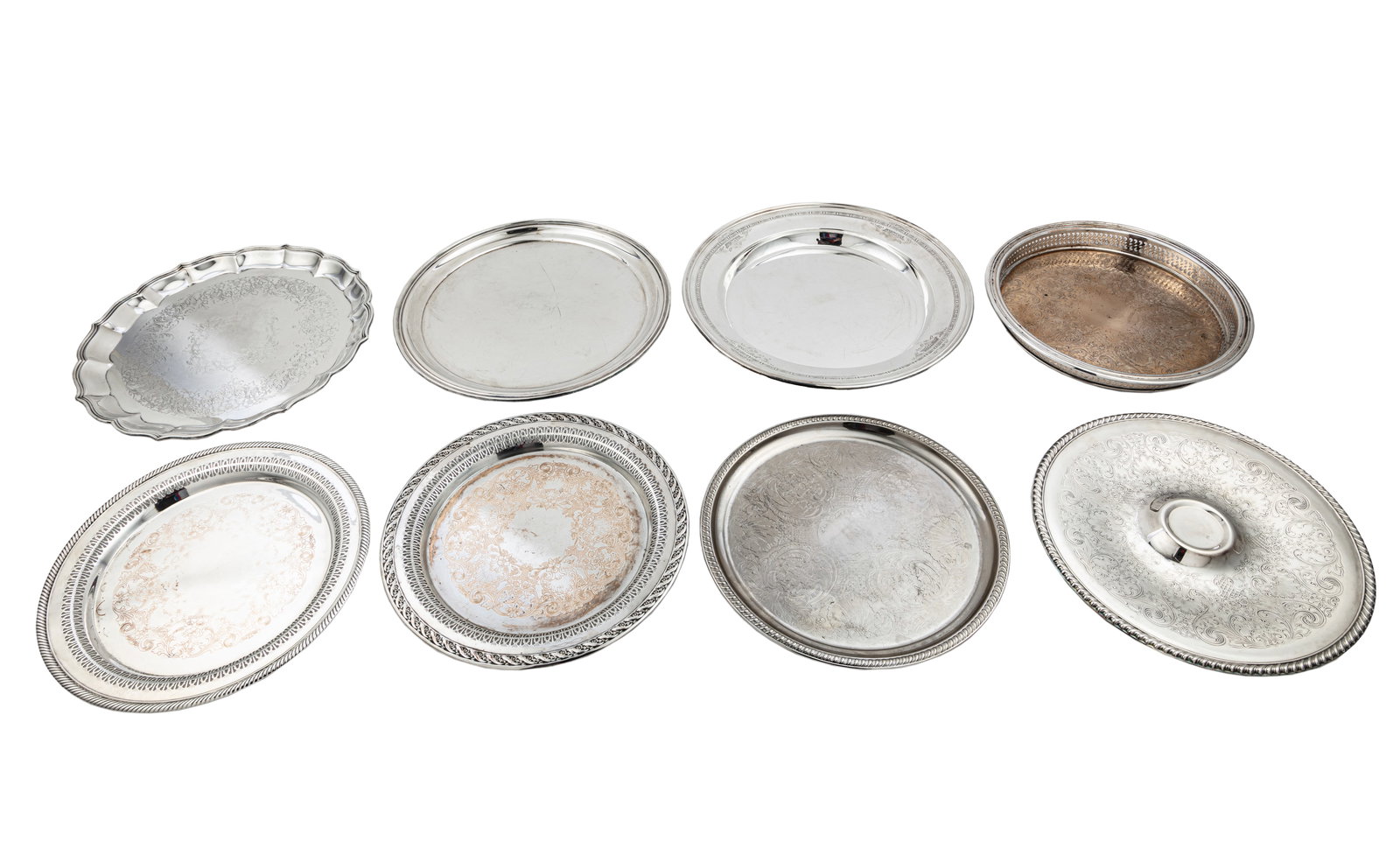 Group of Eight American Silverplate Circular Serving Trays, dias. 12 in. to 14 3/8 in. (1 of 15)