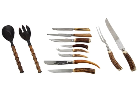 Group of Antique and Vintage Stag Horn-Handled Cutlery, incl. 10 antique J. Springer Strasbourg