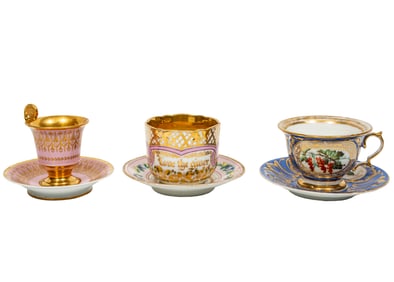 Three Paris Porcelain Polychrome and Gilt Decorated Cabinet Cups and Saucers