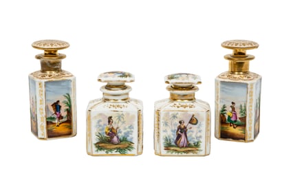 Two Pairs of Paris Polychrome and Gilt Porcelain Scent Bottles
