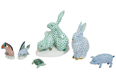 Group of Herend Fishnet Porcelain Animal Figurines