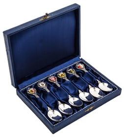 Cased Set of German Silverplate and Enamel Souvenir Spoons, spoon l. 4 1/4 in.