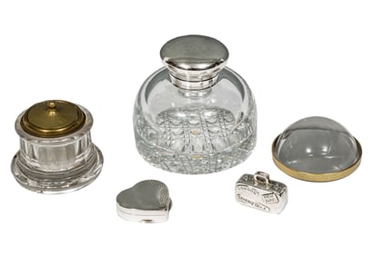 Antique Desk Accessories, incl. bronze mounted glass inkwell, lid marked "J. Nock Philada", h. 3 in.