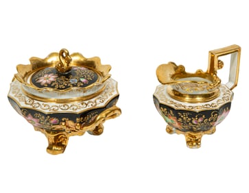 Jacob Petit Paris Porcelain Sugar and Creamer, sugar h. 4 3/8 in., w. 5 3/8 in.