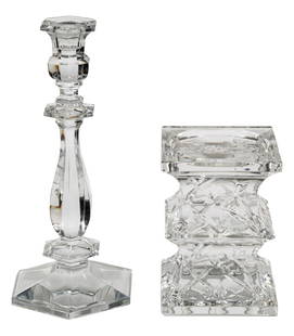Two Pairs of Crystal Candlesticks: Two Pairs of Crystal Candlesticksmarked, incl. pair of Waterford "Bamboo" collection candleholders, h. 5 1/2 in.; and pair of Val St. Lambert "Lafayette" candlesticks, h. 9 3/4 in.